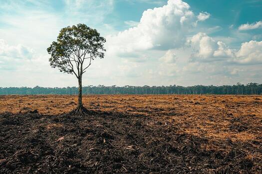 A single tree stands in a freshly plowed field, highlighting deforestation and agricultural expansion against a backdrop of clouds and forest photo