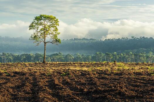 A single tree stands in a freshly plowed field, highlighting deforestation and agricultural expansion against a backdrop of clouds and forest photo