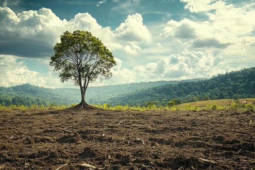 A single tree stands in a freshly plowed field, highlighting deforestation and agricultural expansion against a backdrop of clouds and forest photo