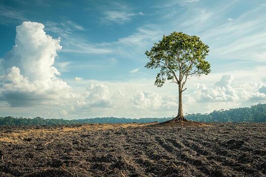 A single tree stands in a freshly plowed field, highlighting deforestation and agricultural expansion against a backdrop of clouds and forest photo