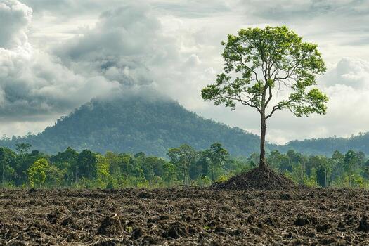 A single tree stands in a freshly plowed field, highlighting deforestation and agricultural expansion against a backdrop of clouds and forest photo