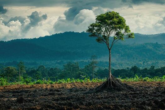 A single tree stands in a freshly plowed field, highlighting deforestation and agricultural expansion against a backdrop of clouds and forest photo