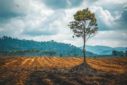 A single tree stands in a freshly plowed field, highlighting deforestation and agricultural expansion against a backdrop of clouds and forest photo