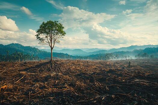 A single tree stands in a freshly plowed field, highlighting deforestation and agricultural expansion against a backdrop of clouds and forest photo