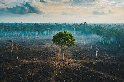 A single tree stands in a freshly plowed field, highlighting deforestation and agricultural expansion against a backdrop of clouds and forest photo