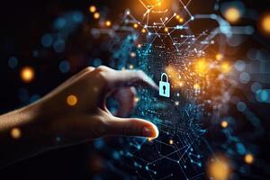 Cyber security concept with glowing padlock on digital city background photo