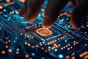 Cyber security concept with glowing padlock on digital city background photo