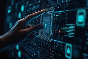 Cyber security concept with glowing padlock on digital city background photo