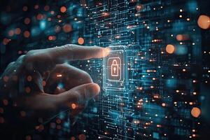 Cyber security concept with glowing padlock on digital city background photo
