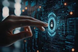 Cyber security concept with glowing padlock on digital city background photo