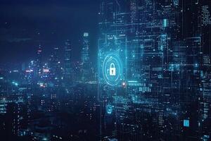 Cyber security concept with glowing padlock on digital city background photo