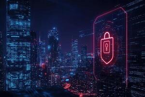 Cyber security concept with glowing padlock on digital city background photo