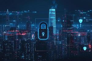 Cyber security concept with glowing padlock on digital city background photo
