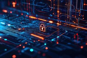 Cyber security concept with glowing padlock on digital city background photo