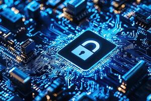 Cyber security concept with glowing padlock on digital city background photo