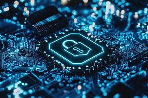 Cyber security concept with glowing padlock on digital city background photo