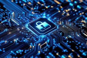 Cyber security concept with glowing padlock on digital city background photo
