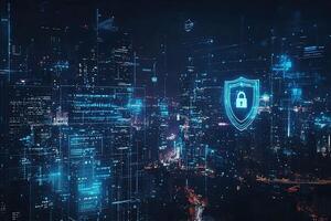 Cyber security concept with glowing padlock on digital city background photo