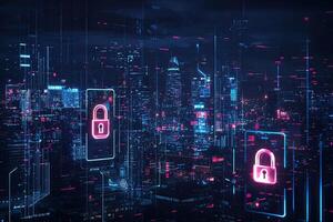 Cyber security concept with glowing padlock on digital city background photo