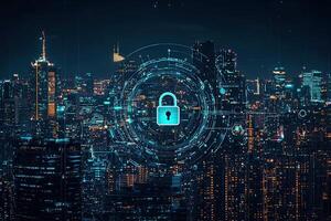 Cyber security concept with glowing padlock on digital city background photo