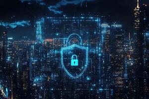 Cyber security concept with glowing padlock on digital city background photo