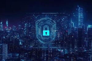 Cyber security concept with glowing padlock on digital city background photo