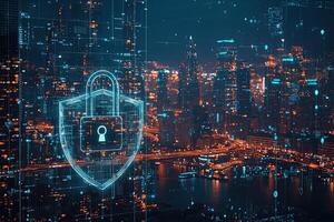 Cyber security concept with glowing padlock on digital city background photo