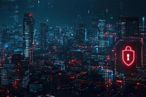 Cyber security concept with glowing padlock on digital city background photo