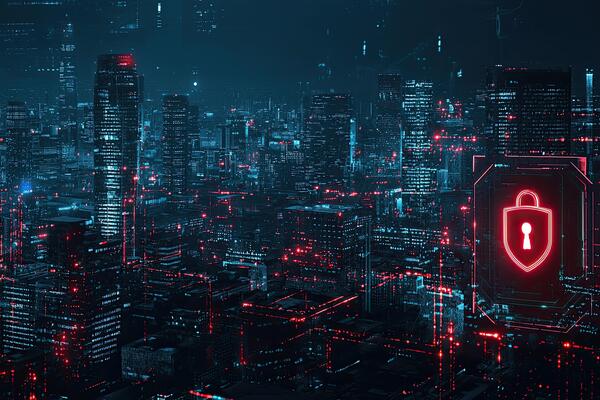 Cyber security concept with glowing padlock on digital city background