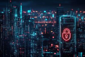 Cyber security concept with glowing padlock on digital city background photo