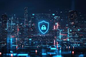 Cyber security concept with glowing padlock on digital city background photo
