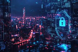 Cyber security concept with glowing padlock on digital city background photo