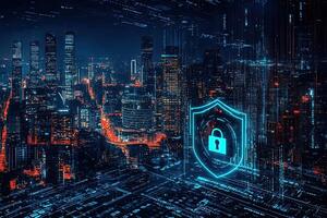 Cyber security concept with glowing padlock on digital city background photo