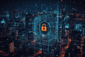 Cyber security concept with glowing padlock on digital city background photo