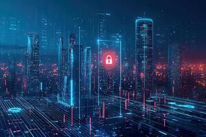 Cyber security concept with glowing padlock on digital city background photo