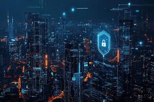 Cyber security concept with glowing padlock on digital city background photo