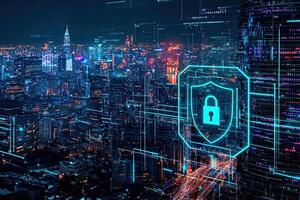 Cyber security concept with glowing padlock on digital city background photo