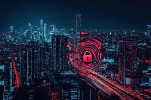 Cyber security concept with glowing padlock on digital city background photo