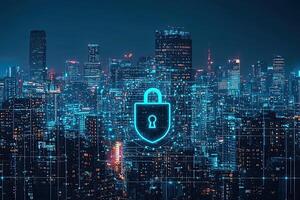 Cyber security concept with glowing padlock on digital city background photo