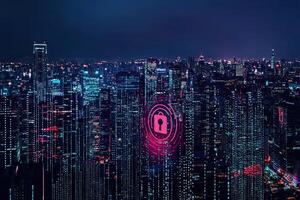 Cyber security concept with glowing padlock on digital city background photo