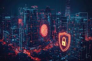 Cyber security concept with glowing padlock on digital city background photo