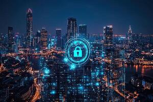Cyber security concept with glowing padlock on digital city background photo