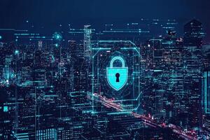Cyber security concept with glowing padlock on digital city background photo