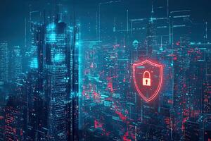 Cyber security concept with glowing padlock on digital city background photo