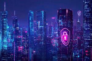 Cyber security concept with glowing padlock on digital city background photo