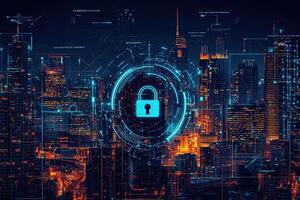 Cyber security concept with glowing padlock on digital city background photo