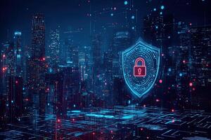 Cyber security concept with glowing padlock on digital city background photo