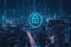 Cyber security concept with glowing padlock on digital city background photo