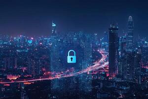 Cyber security concept with glowing padlock on digital city background photo