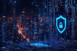 Cyber security concept with glowing padlock on digital city background photo